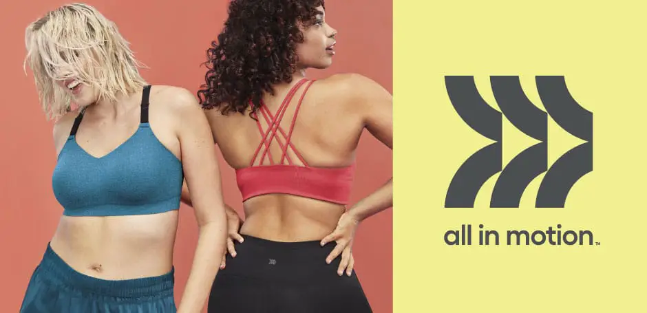 Two incredible women are wearing all in motion athletic clothing and enjoying it. Next to them also have the all in motion logo.
